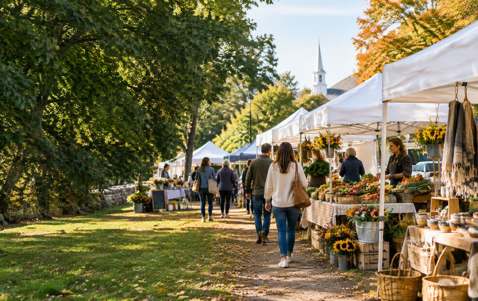 Visitors browse a small outdoor market in Connecticut